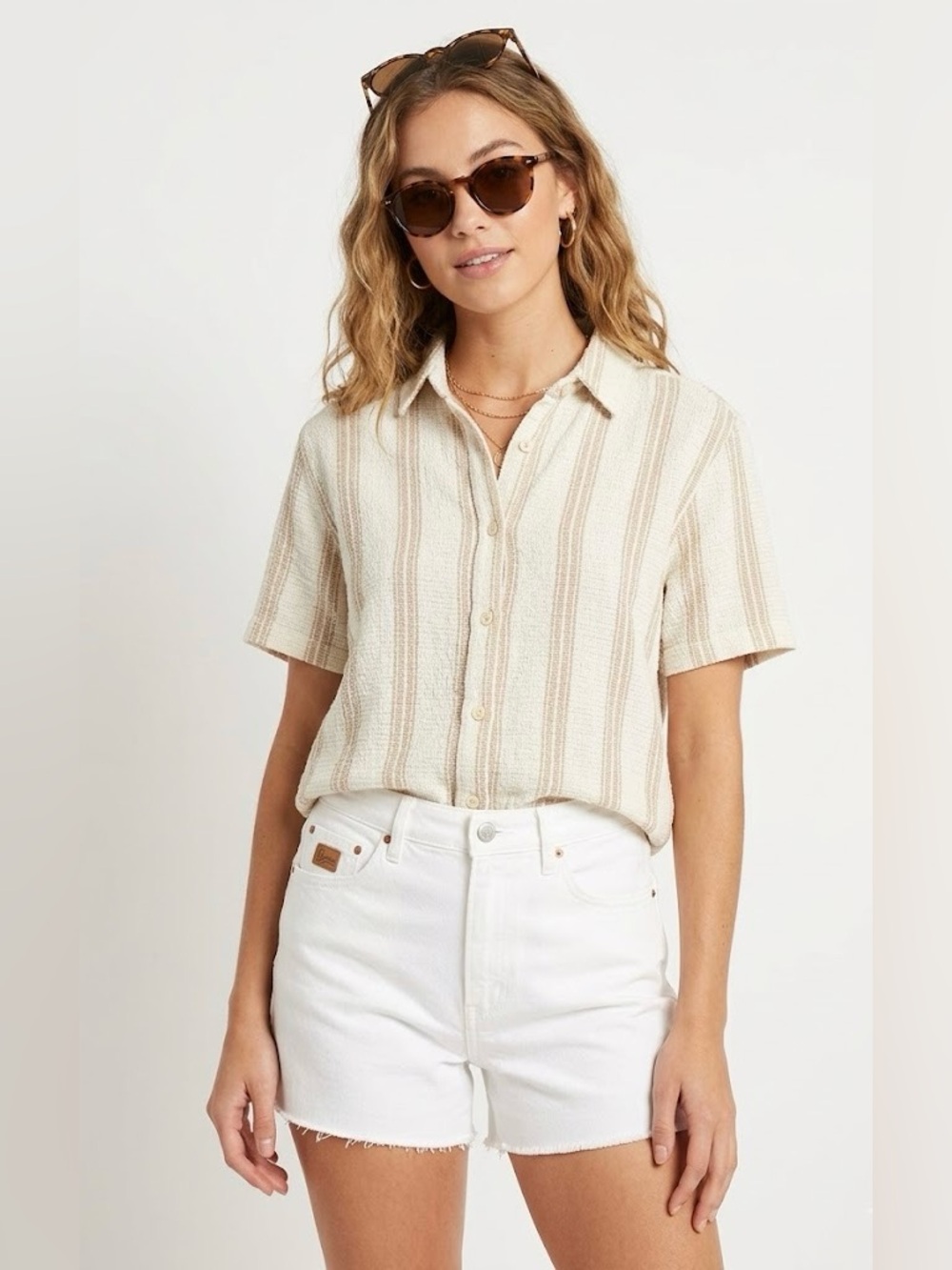 Zara Neutral Stripe Button-Front Short Sleeve Top - Cream